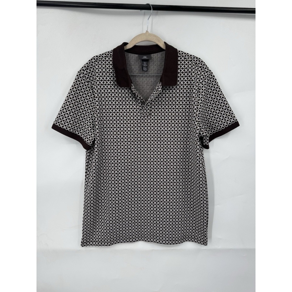 H&M Printed Short Sleeve Polo Shirt Men‎ Medium Slim Fit Brown Preppy Pickleball